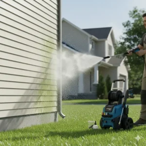 A professional-grade 2500 PSI power washer being used to wash dirt and algae from vinyl house siding.