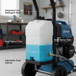 Integrated onboard detergent tank feature of a high-power electric pressure washer 4000 psi model.