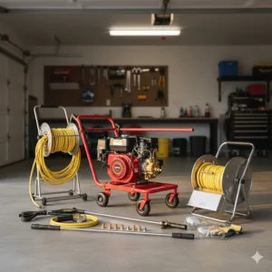 A collection of professional-grade accessories, including a surface cleaner and long hose, often paired with a 5 GPM pressure washer system.