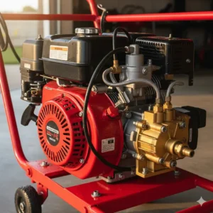 Image of the powerful gas-powered engine that drives the 5 GPM pressure washer, emphasizing its necessary horsepower for high flow.