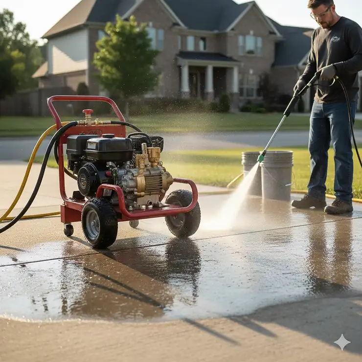 Featured image of a high-performance 5 GPM pressure washer in use, showcasing its industrial-grade cleaning power on a concrete driveway.