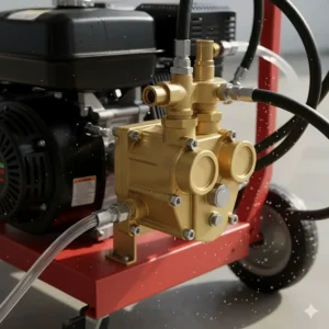 Close-up view of the triplex pump on a commercial-grade 5 GPM pressure washer, highlighting its durability and high flow rate capability.
