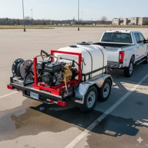 A professional 5 GPM pressure washer unit mounted on a trailer, ready for heavy-duty commercial or fleet washing applications.