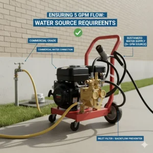 Diagram or photo illustrating the proper connection and water supply requirements needed to sustain a continuous 5 GPM pressure washer operation.