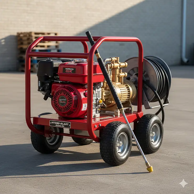 Professional 5000 psi pressure cleaner with industrial-grade Honda engine and rugged roll cage for heavy-duty commercial cleaning.