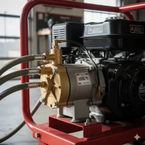 Close-up of the industrial-grade pump and powerful engine on a gas-powered 6000 psi pressure washer.