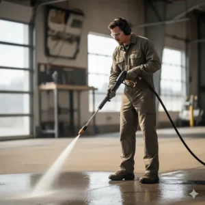 Operator wearing full Personal Protective Equipment (PPE), including eye protection and gloves, when safely using a 6000 psi pressure washer.