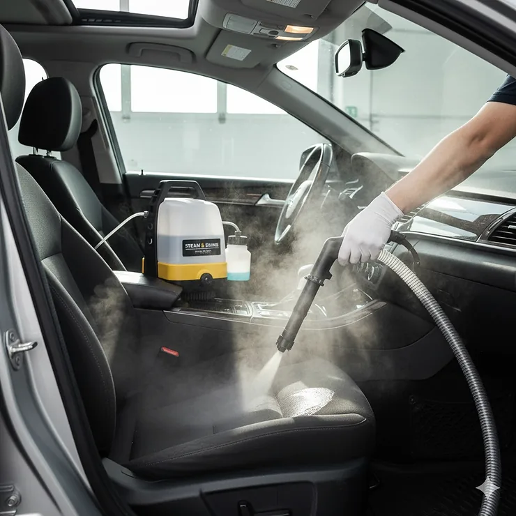 Automotive steam vacuum cleaner in use, deep cleaning and sanitizing the fabric upholstery of a car's interior.