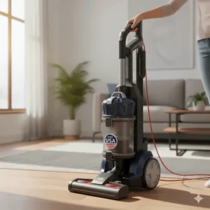 A modern, bagless vacuum cleaner designed and produced in the USA, emphasizing ease of maintenance.