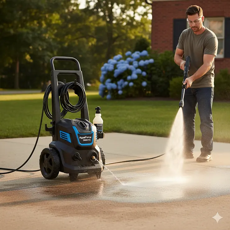 A powerful best electric pressure washer being used to clean a dirty driveway.