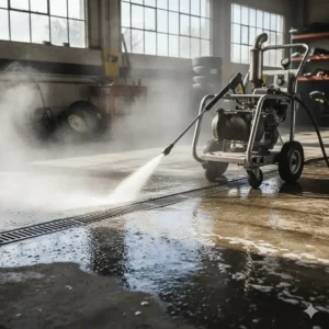 Best hot water pressure washer in action cleaning a greasy commercial floor.
