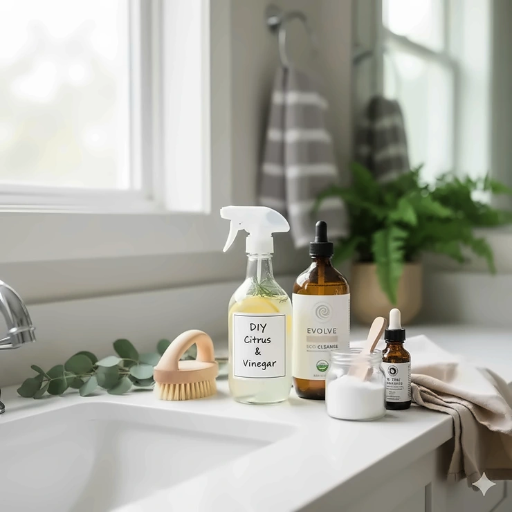 A selection of the best non toxic bathroom cleaner products and DIY ingredients, including vinegar and baking soda, neatly arranged on a sparkling clean counter.