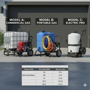 Side-by-side comparison of the best pressure washer with water tank models suitable for professional use.