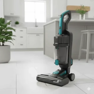 A top-rated upright vacuum cleaner with a floor-type selector dial set to the tile or hard floor mode, demonstrating safe and powerful cleaning.