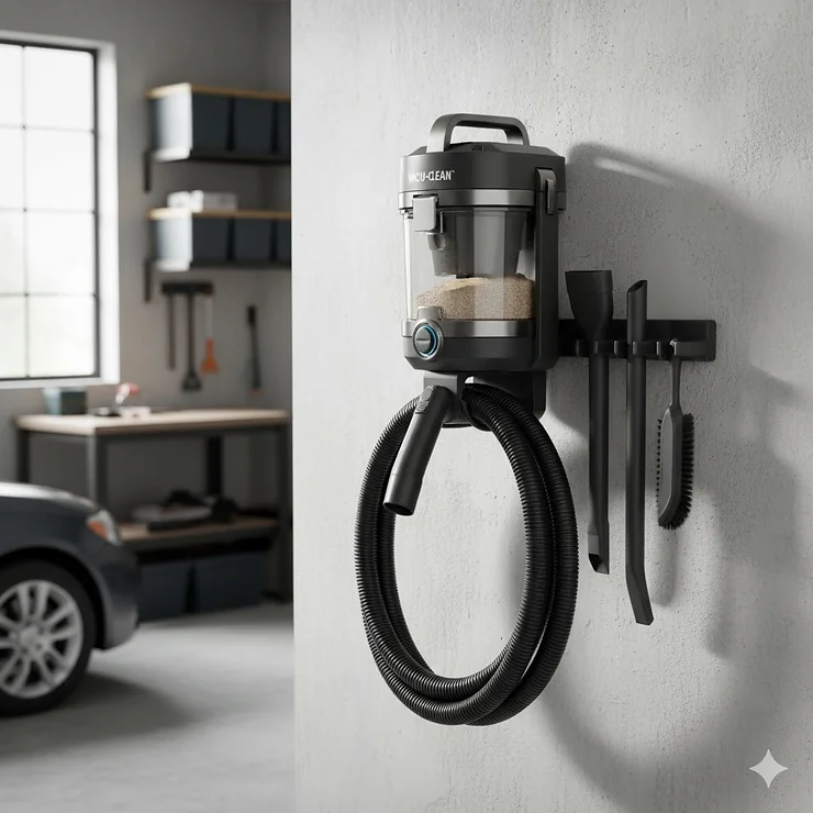 A close-up shot of the best wall hanging garage vacuum mounted neatly on a garage wall, showcasing its compact size and included accessories.