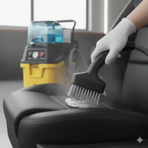 Using a gentle brush attachment of the automotive steam vacuum cleaner to condition and clean sensitive leather car seats.