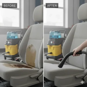 Side-by-side comparison showing a dirty car seat "before" and a clean, sterilized seat "after" using the steam vacuum cleaner.