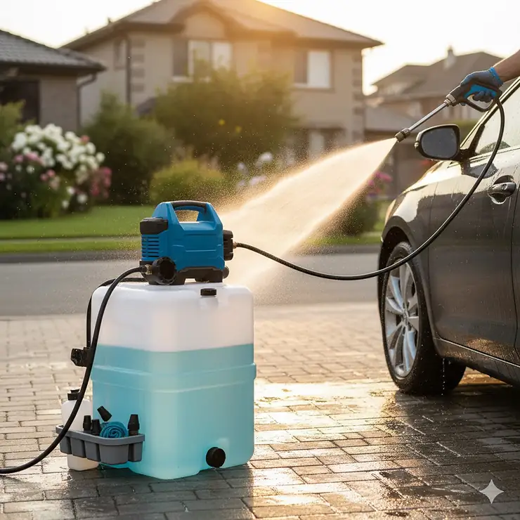 Portable car washer system with a large, integrated water tank for easy mobile detailing.