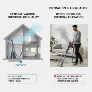 How a central vacuum system's external venting improves indoor air quality and deep cleaning compared to Dyson's HEPA filters.