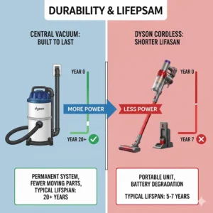 Diagram illustrating the durability and extensive lifespan of a permanently installed central vacuum compared to the typical longevity of a Dyson cordless cleaner.