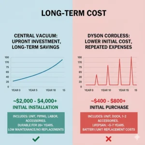 Chart outlining the long-term cost of ownership when weighing a one-time central vacuum installation against multiple Dyson unit purchases.