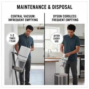 Illustrating the infrequent maintenance and large capacity of a central vacuum system's dirt canister compared to emptying a Dyson dust bin.