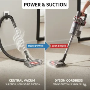 Demonstrating the superior, non-fading suction power of a central vacuum system compared to a Dyson cordless model.