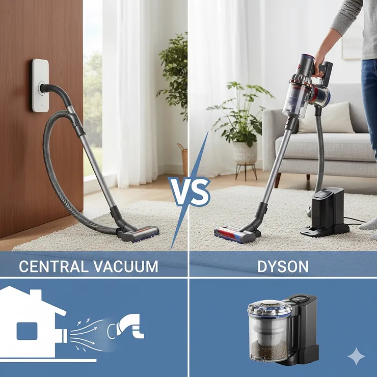 Central vacuum vs Dyson: Side-by-side comparison of the two popular vacuum cleaning systems in a modern home setting, highlighting key differences.