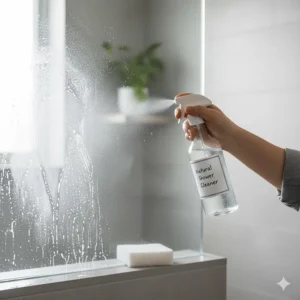 Using a plant-based non toxic bathroom cleaner spray to easily remove tough soap scum from a glass shower door.