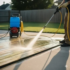 A worker cleaning a wooden deck using a high-power pressure washer with a water tank to remove grime.