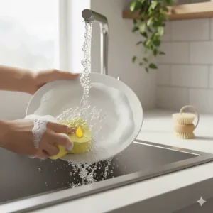Close-up of hands scrubbing a plate with a sponge and antibacterial dish soap under running water to remove food particles.