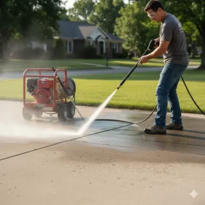 A user effectively cleaning a dirty concrete driveway using the high pressure stream from the 5000 psi cleaner.