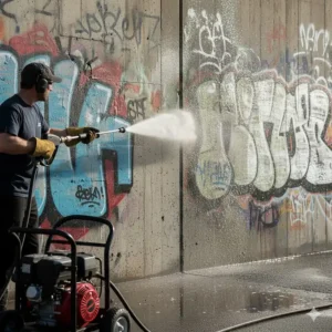 Using the 6000 psi pressure washer with a concentrated zero-degree nozzle to aggressively remove graffiti from a durable surface.
