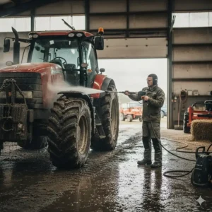 A professional 6000 psi pressure washer being used to efficiently clean caked-on mud and grime from heavy construction or farm equipment.