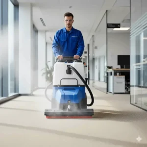 A large-capacity professional steam carpet cleaning machine being efficiently operated in a commercial office or hallway.