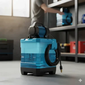 The small footprint of a compact car washer water tank and pump assembly, emphasizing easy storage.