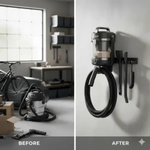 Illustrating how the compact wall hanging vacuum saves valuable floor space in a cluttered garage, with all tools stored neatly.