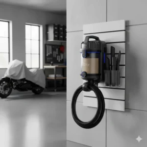 Compact wall mount vacuum unit neatly stored on the wall, demonstrating its space-saving design.