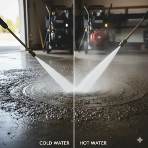 Side-by-side comparison of cold water vs. hot water pressure washer cleaning efficiency on caked-on mud.
