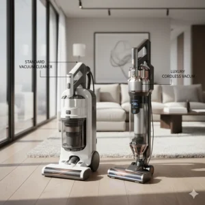 Side-by-side comparison illustrating the size and design difference between a regular model and the most expensive vacuum.