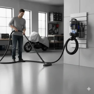 The long reach of a corded wall mount vacuum hose, making it easy to clean large areas like workshops or basements.