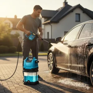 Cordless car washer designed for convenience, paired with a compact water tank unit for remote use.