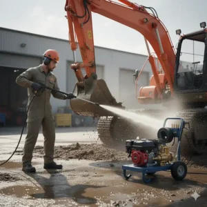Operator utilizing the extreme force of a commercial pressure washer 4000 PSI to quickly strip mud and degrease heavy construction equipment.