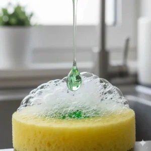 A drop of concentrated antibacterial detergent being applied to a sponge, creating rich, lasting bubbles for washing dishes.