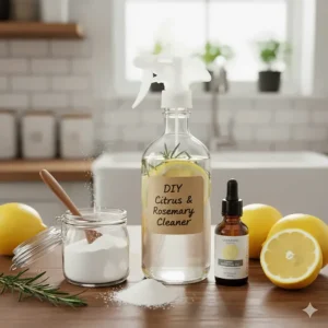 DIY non toxic bathroom cleaner ingredients: white vinegar, baking soda, and lemon essential oil, which are safe and effective.