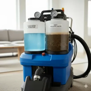 Clear image of the dual-tank system on a professional steam carpet cleaning machine, separating clean solution from dirty recovery water.