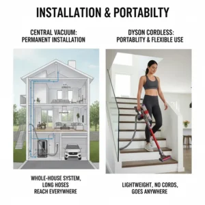 A graphic representation of Dyson's portability and flexible use versus the permanent installation and reach of a whole-house central vacuum system.
