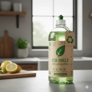 A bottle of dishwashing detergent antibacterial formula featuring natural ingredients and an eco-friendly label.