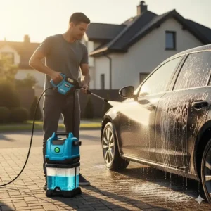 Electric-powered car washer with a water tank, demonstrating powerful yet eco-friendly cleaning capabilities.