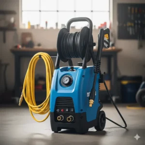 Electric hot water pressure washer with a long cord and variable pressure settings.